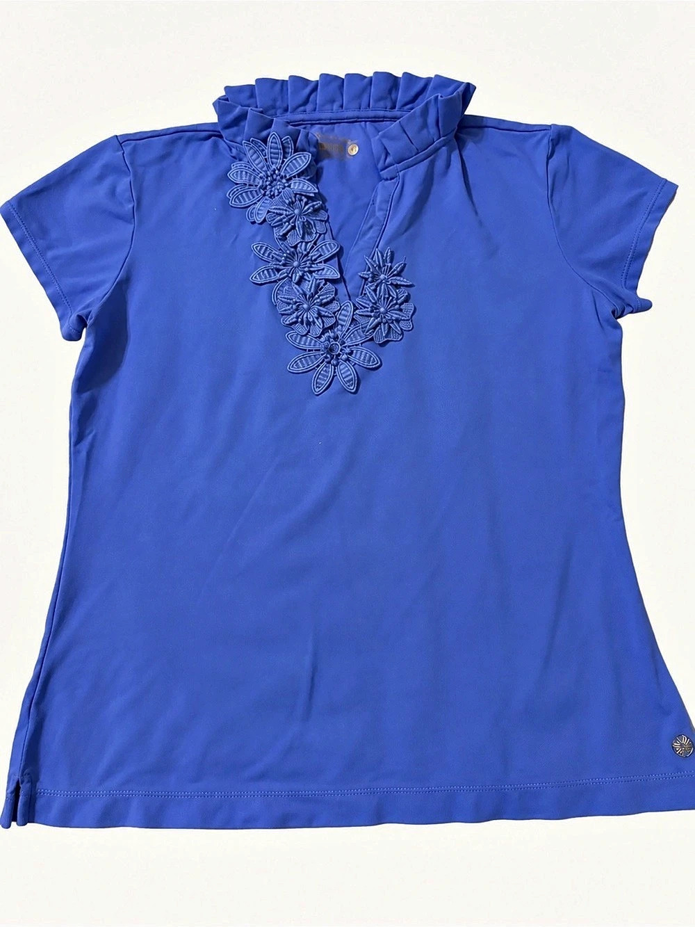 Lilly Pulitzer Luxletic Floral Applique Ruffle Collar Top Blue Size M